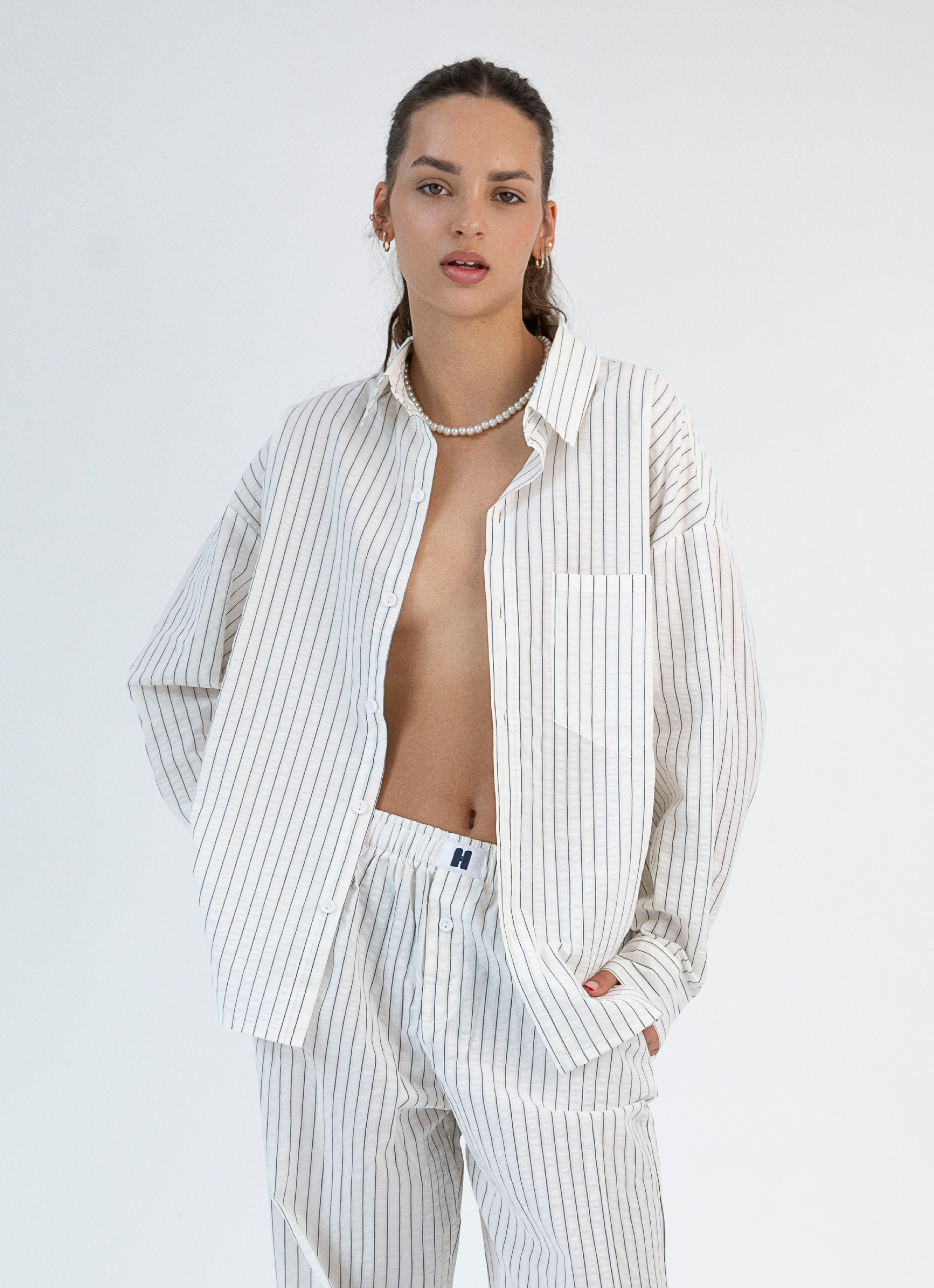 Oversized Shirt - Eggshell Pinstripe